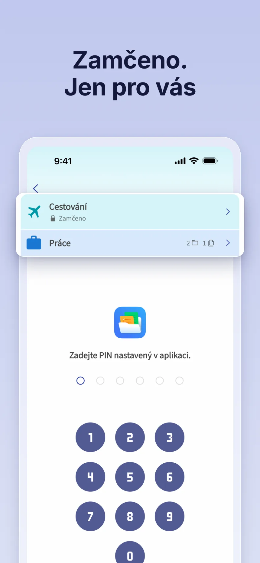 Zamčená složka ve Folinu: odemknutí PINem nastaveným v aplikaci