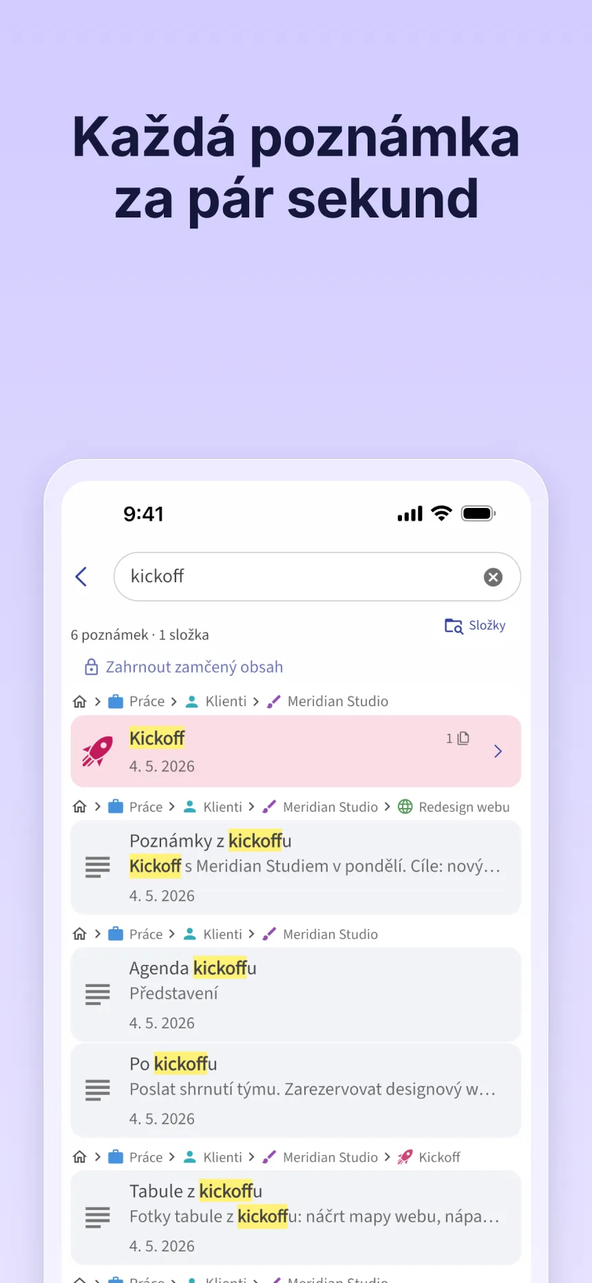 Vyhledávání ve Folinu: výsledky pro „kickoff“, nad každým výsledkem cesta ke složce