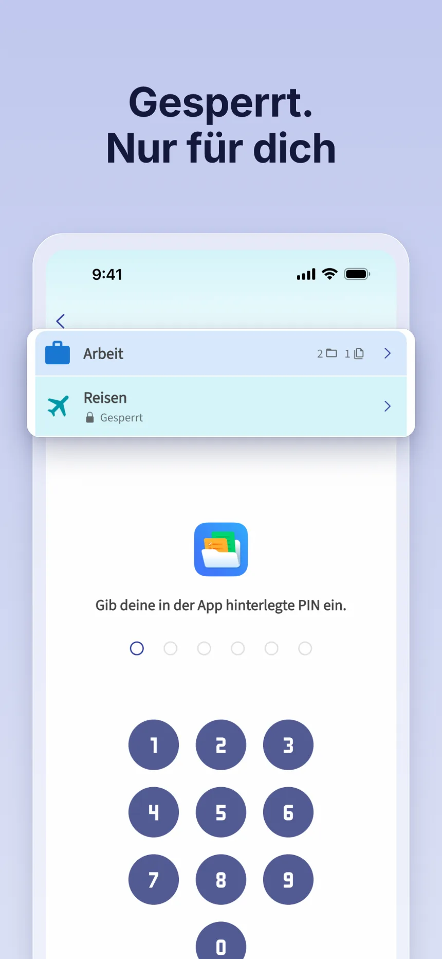 Gesperrter Ordner in Folino: Entsperren mit der in der App festgelegten PIN