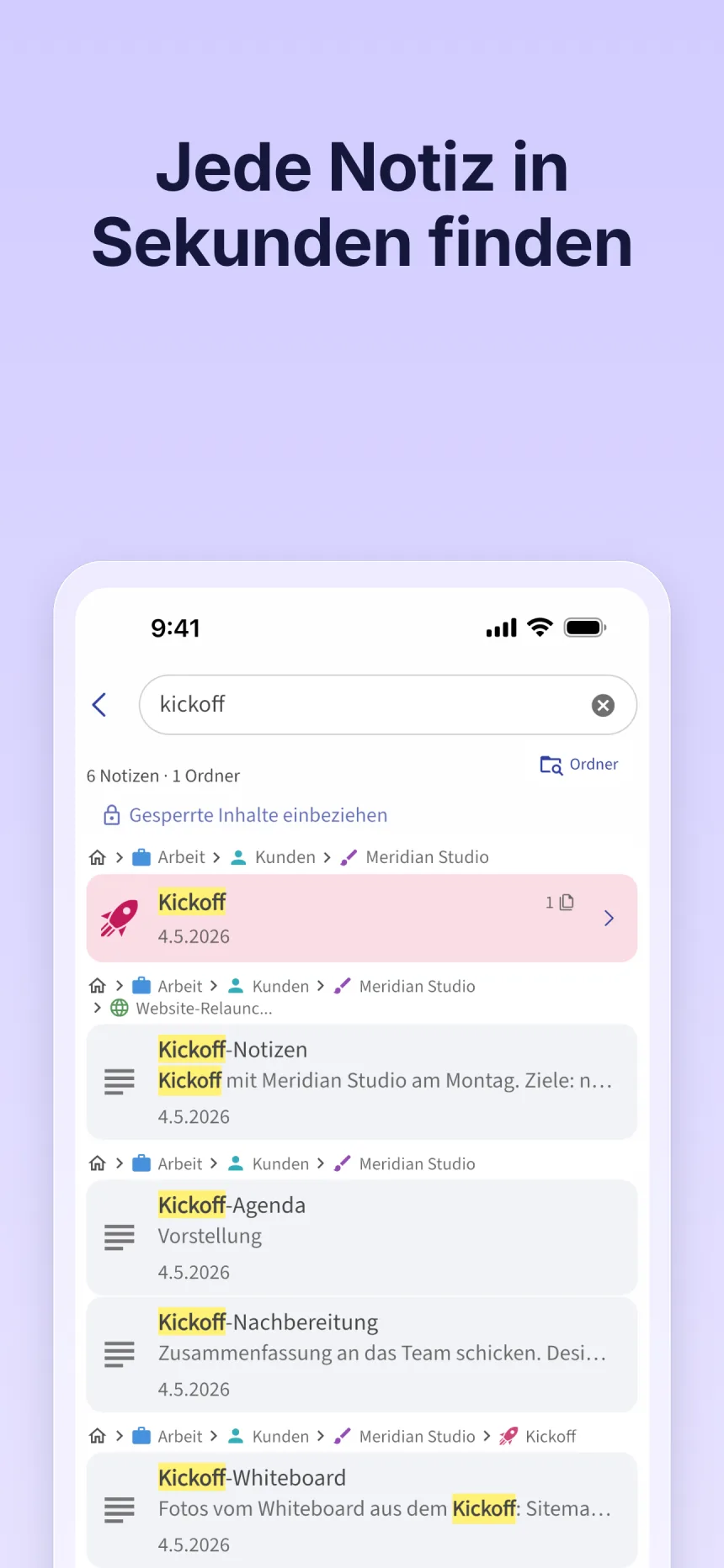 Suche in Folino: Treffer für „Kickoff“, über jedem Treffer der Ordnerpfad