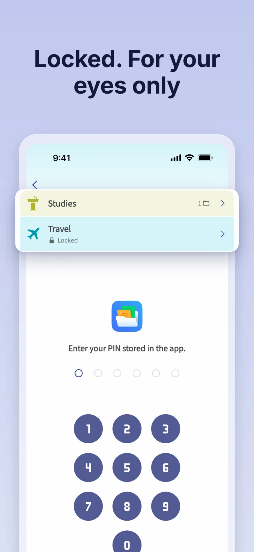 Locked folder in Folino: unlock with the PIN set in the app