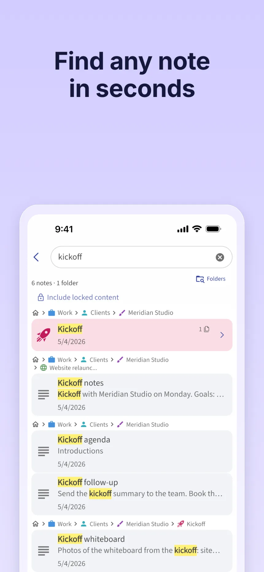 Search in Folino: results for “kickoff”, with the folder path above each result