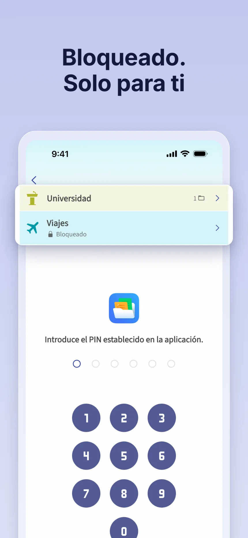 Carpeta bloqueada en Folino: se desbloquea con el PIN establecido en la app