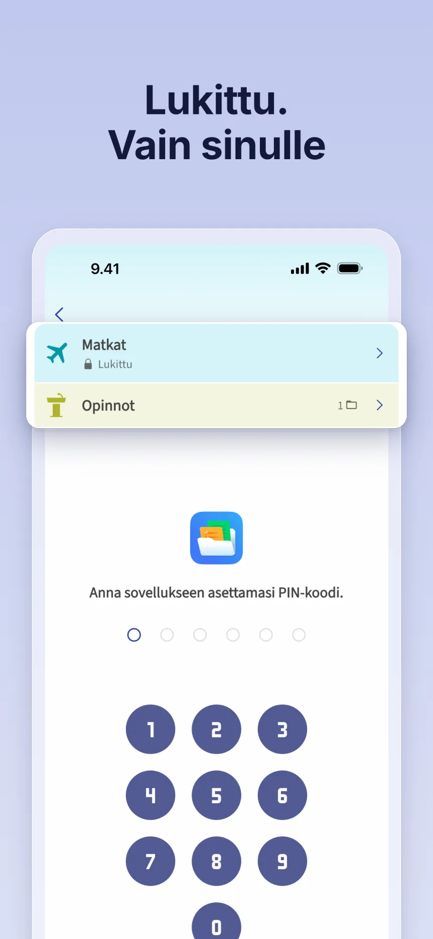 Lukittu kansio Folinossa: lukituksen avaaminen sovellukseen asetetulla PIN-koodilla