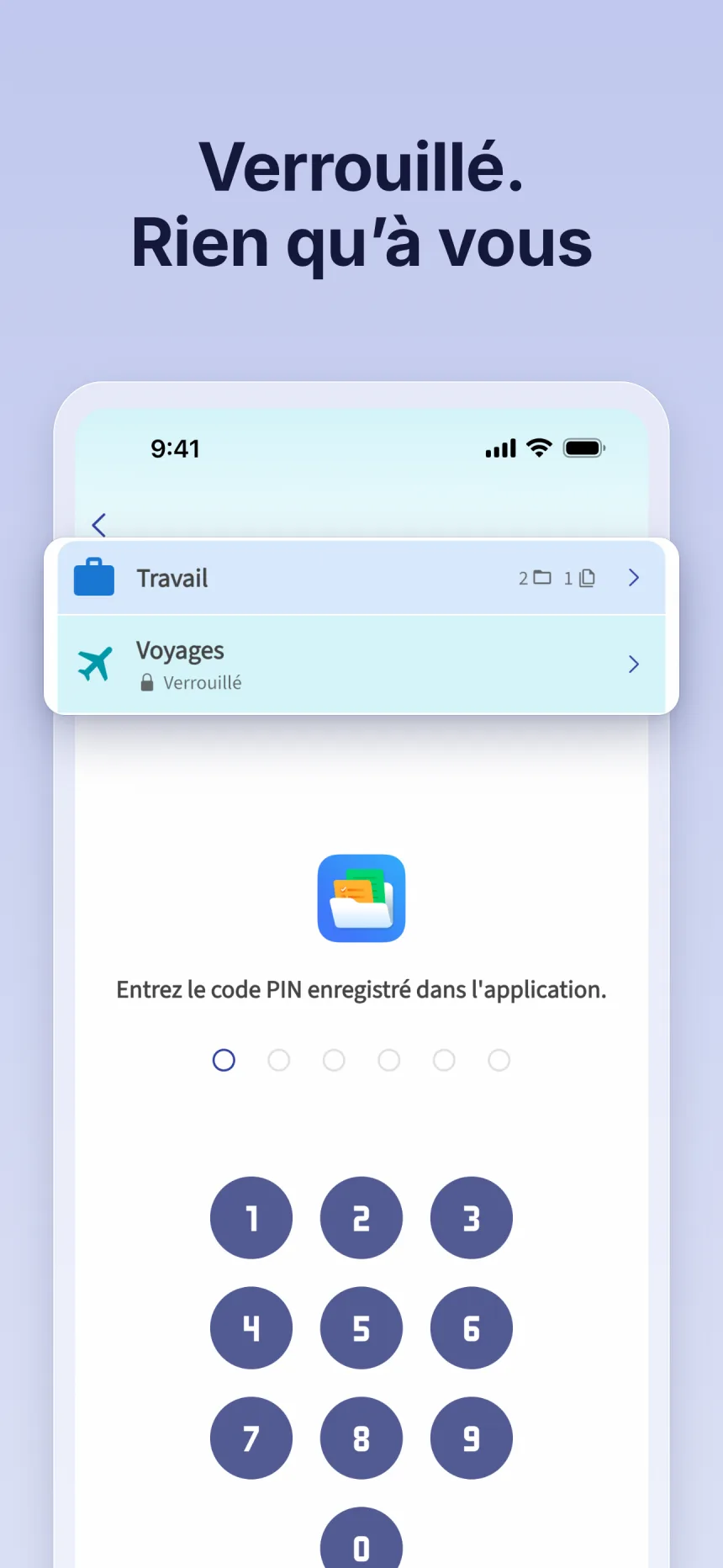Dossier verrouillé dans Folino : déverrouillage avec le code PIN défini dans l’application