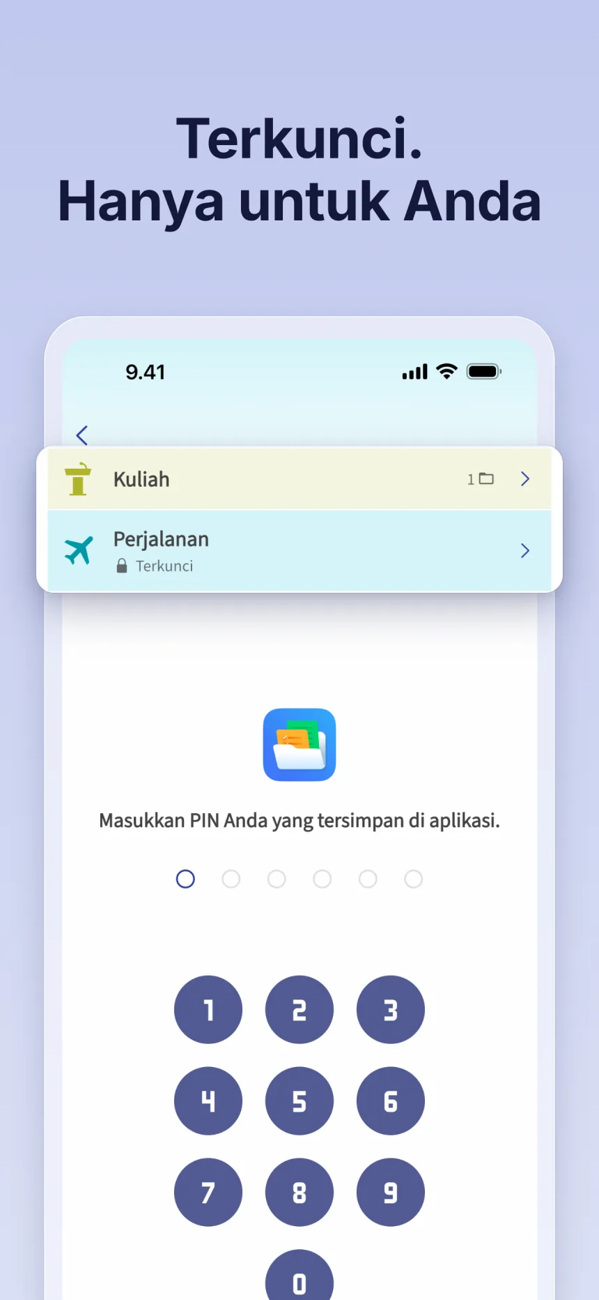 Folder terkunci di Folino: buka kunci dengan PIN yang ditetapkan di aplikasi