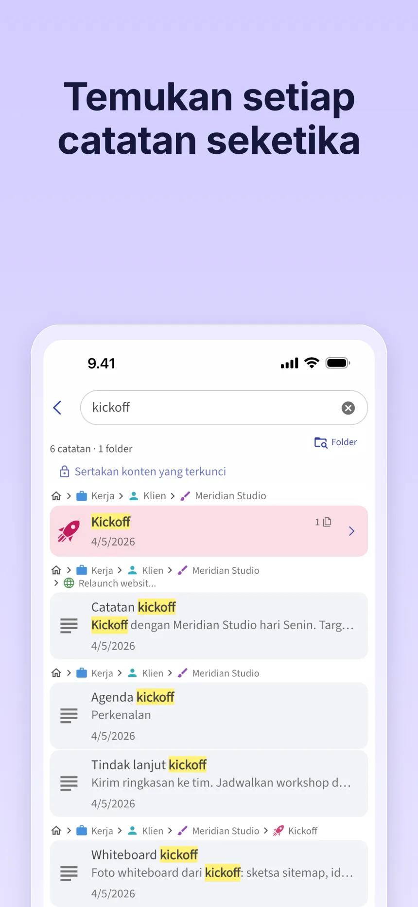 Pencarian di Folino: hasil untuk “kickoff”, dengan jalur folder di atas setiap hasil
