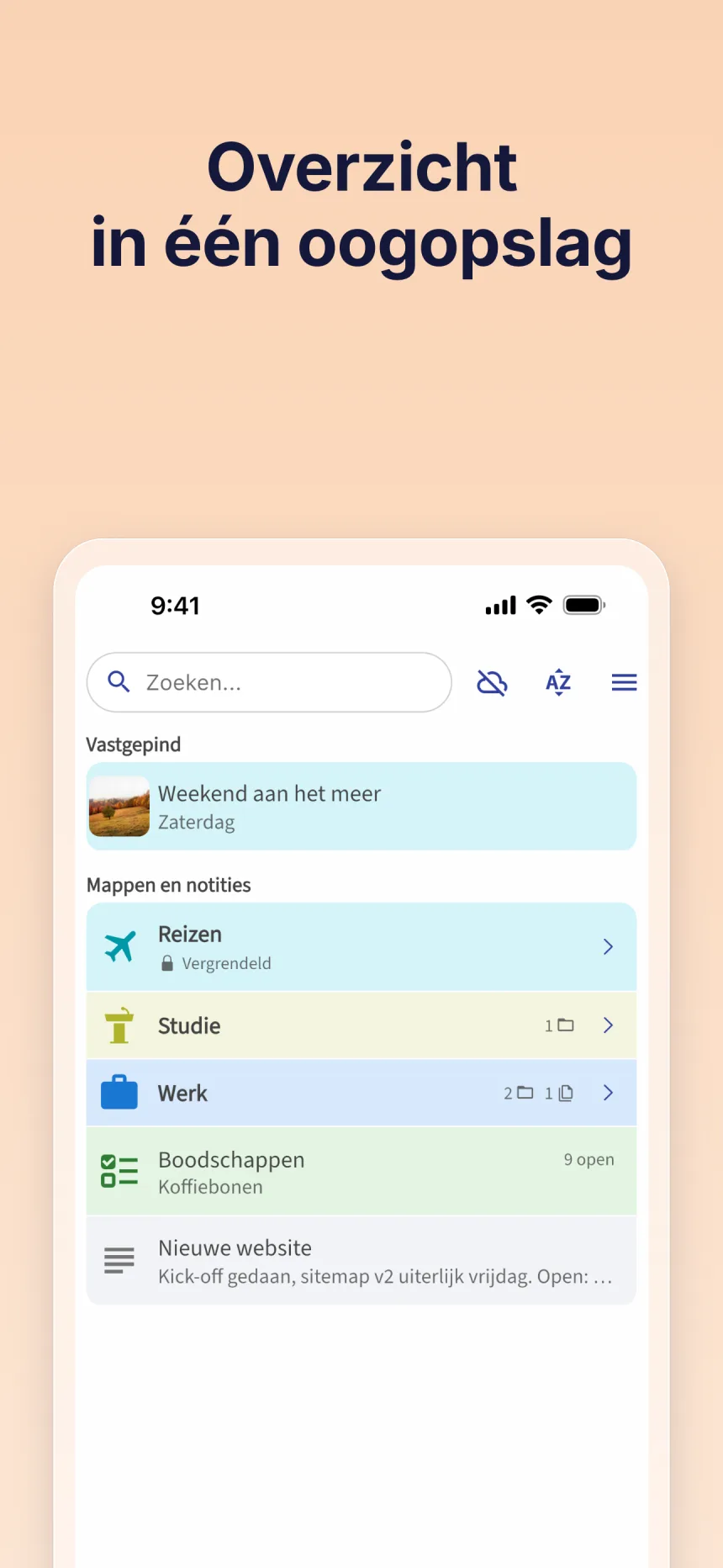 Startscherm van Folino met een vastgepinde notitie, mappen, een checklist en notities