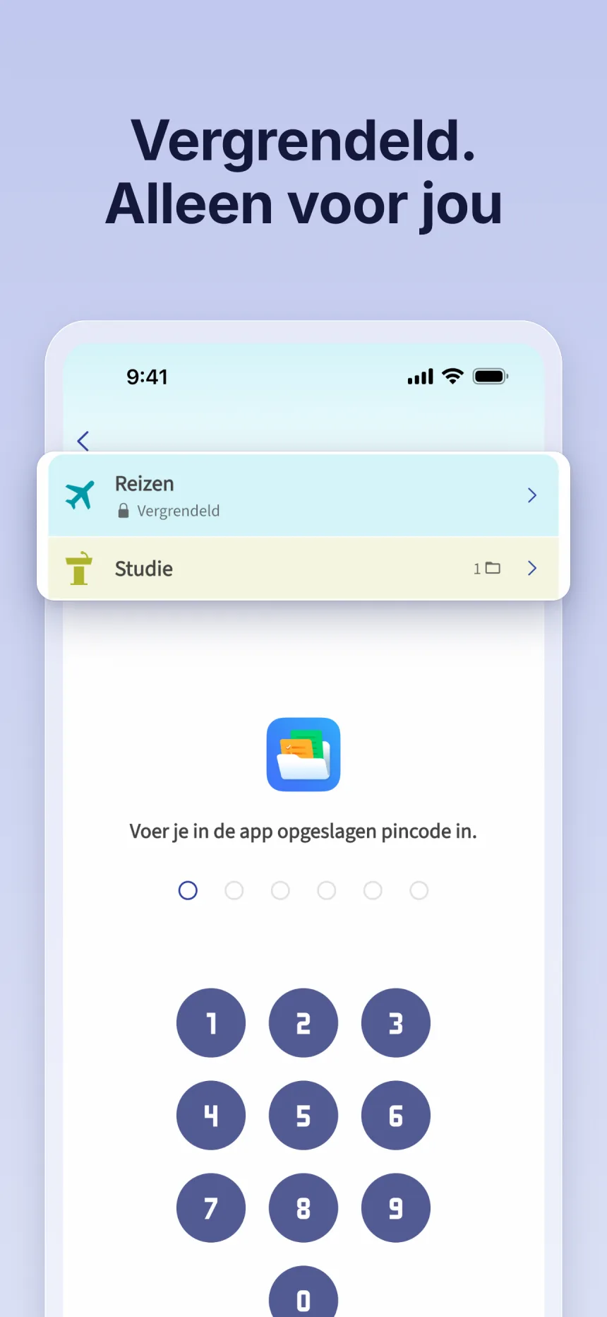 Vergrendelde map in Folino: ontgrendelen met de pincode die in de app is ingesteld