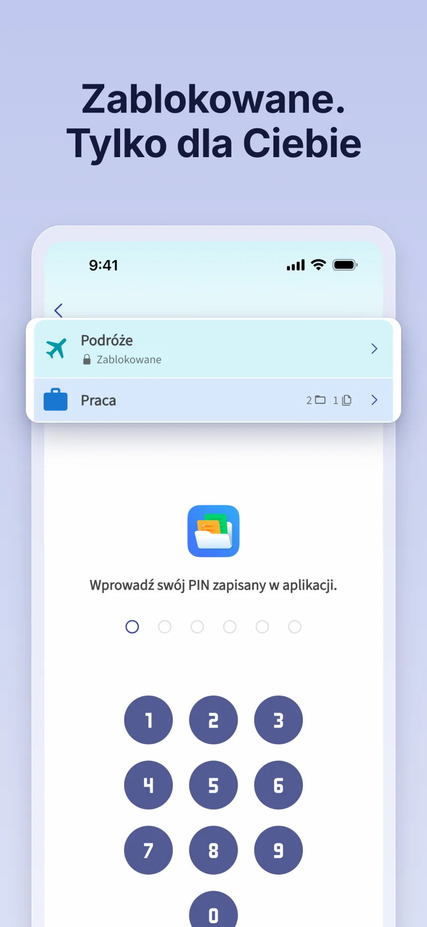 Zablokowany folder w Folino: odblokowanie PIN-em ustawionym w aplikacji