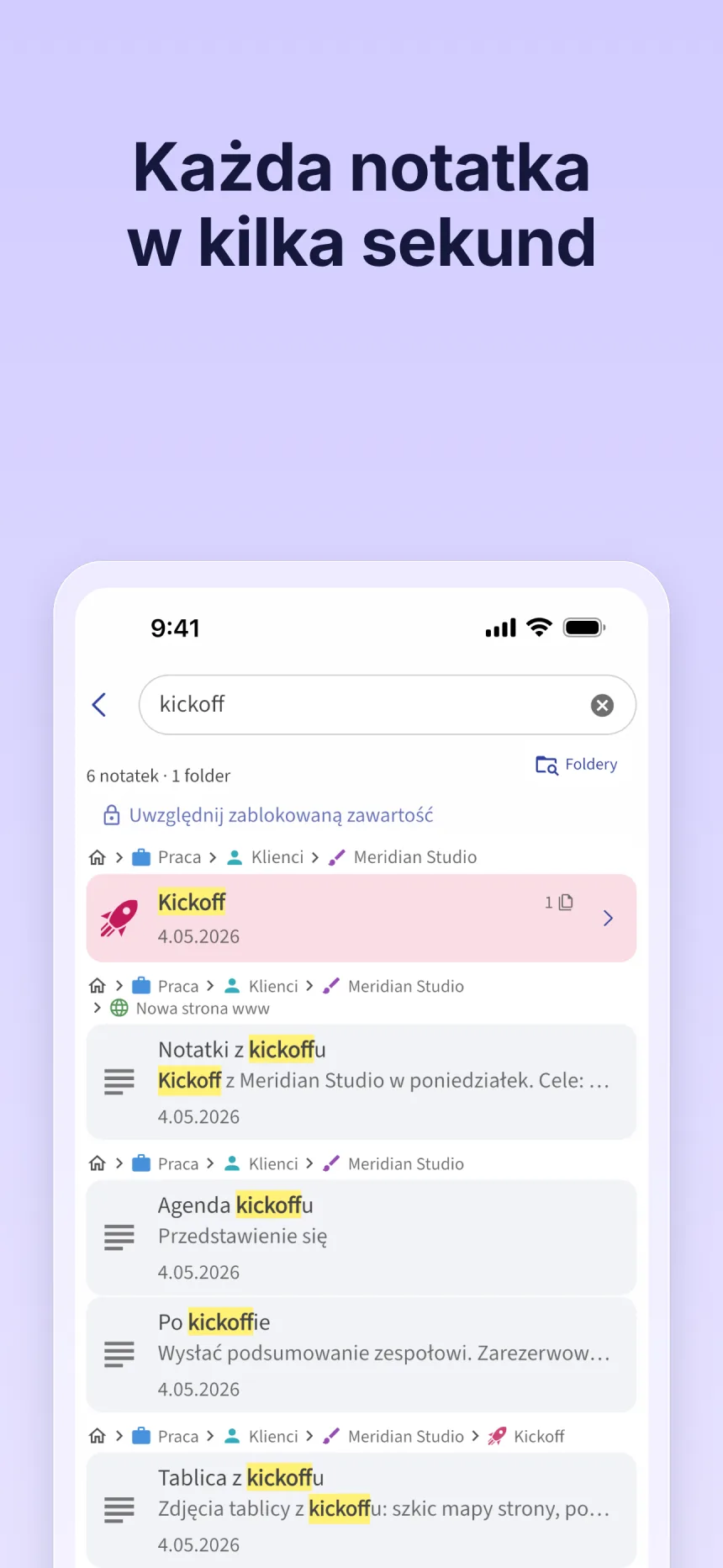 Wyszukiwanie w Folino: wyniki dla „kickoff”, nad każdym wynikiem ścieżka folderu