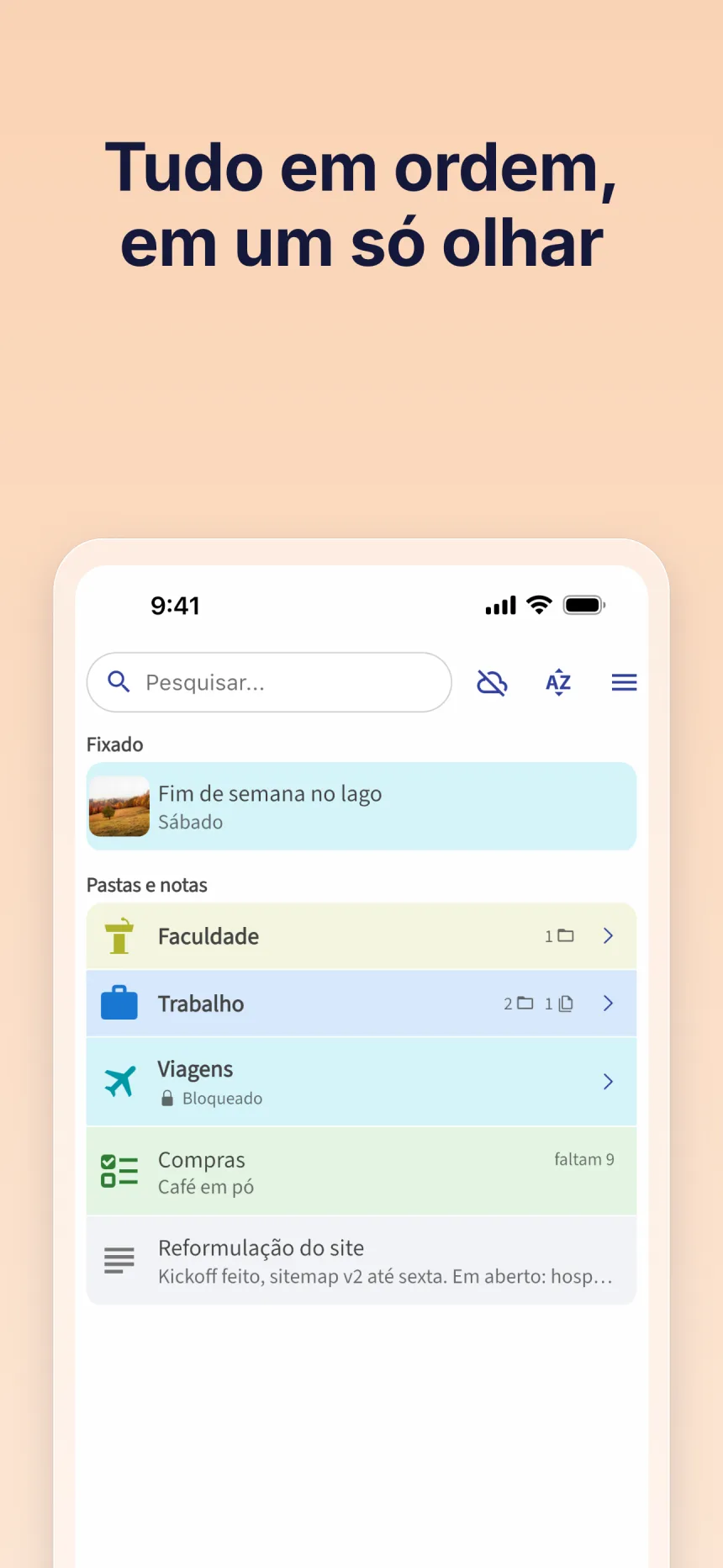 Tela inicial do Folino com uma nota fixada, pastas, uma lista de verificação e notas