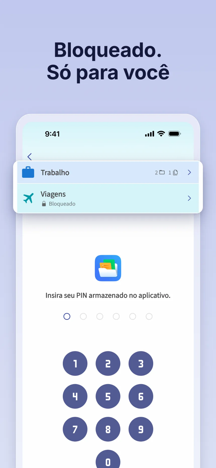 Pasta bloqueada no Folino: desbloqueie com o PIN definido no app
