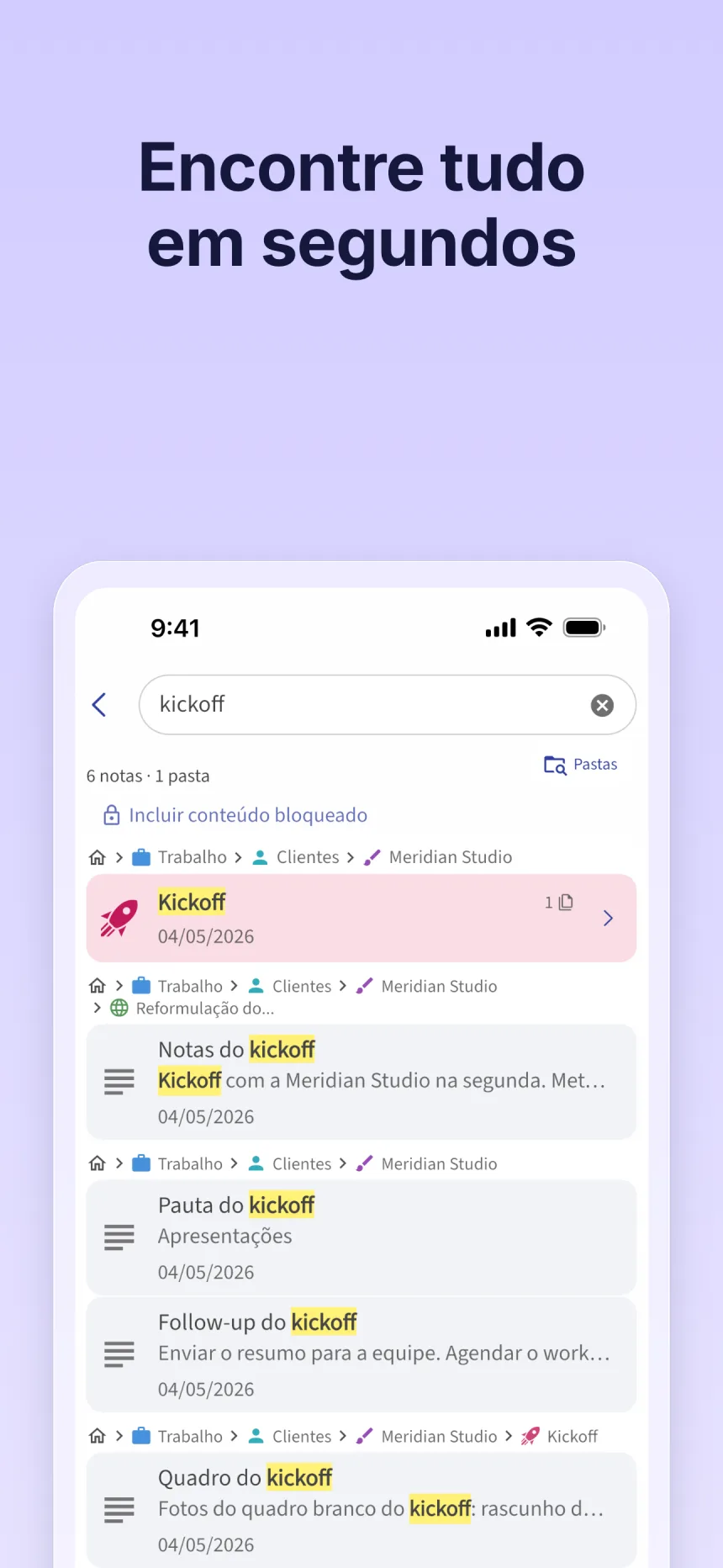 Pesquisa no Folino: resultados para “kickoff”, com o caminho da pasta acima de cada resultado