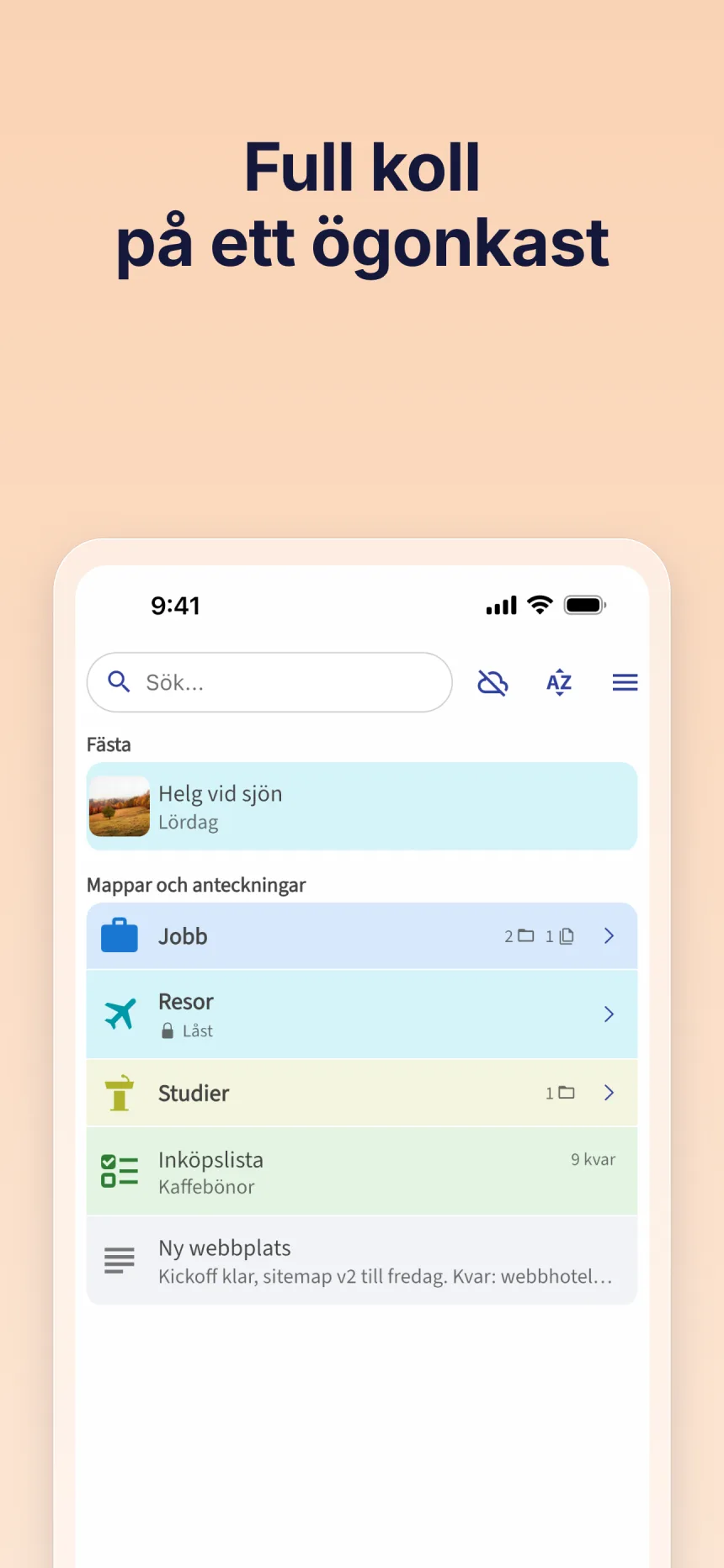 Folinos startvy med en fäst anteckning, mappar, en checklista och anteckningar