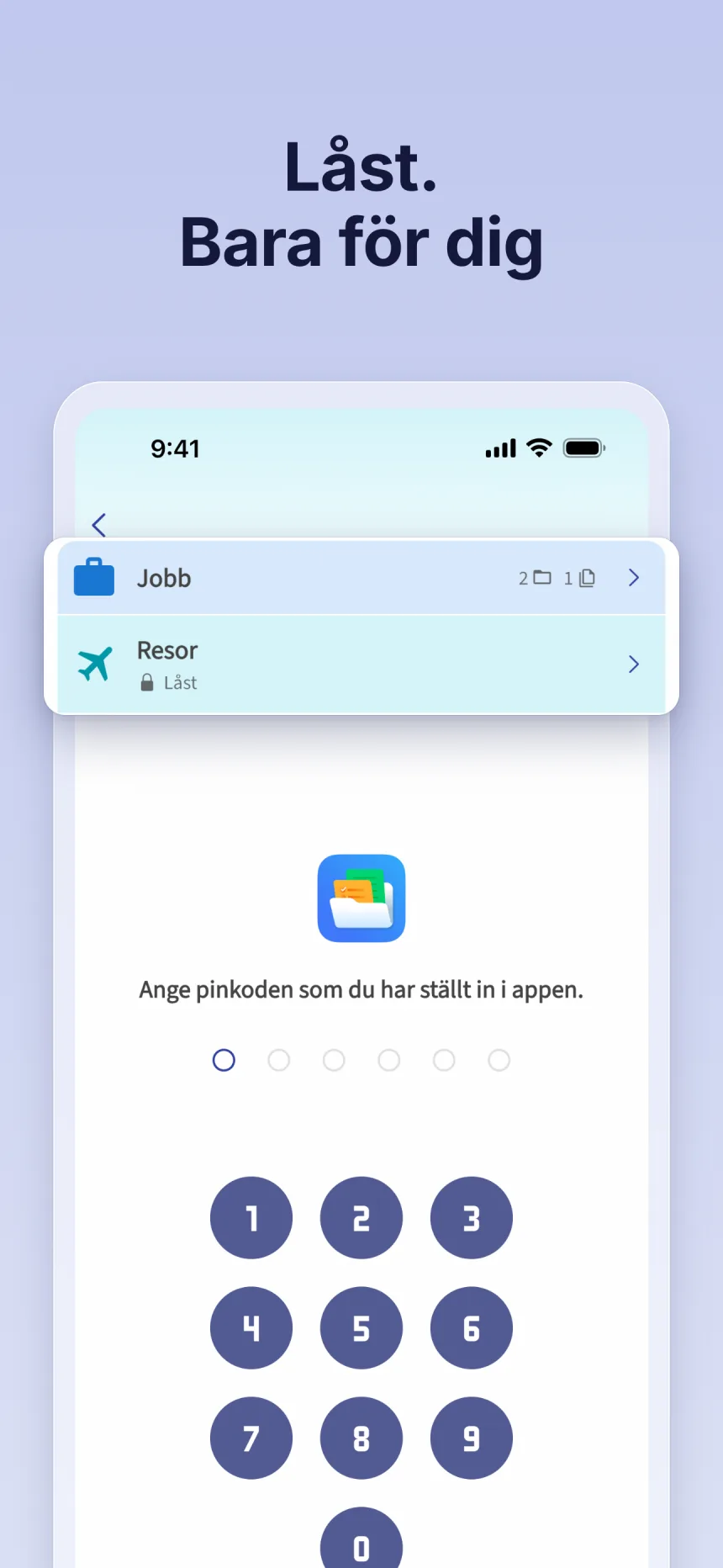 Låst mapp i Folino: lås upp med pinkoden som du har ställt in i appen