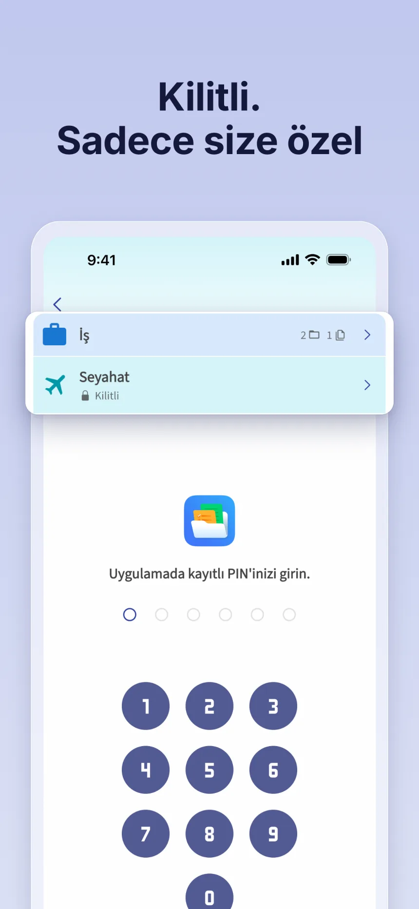 Folino’da kilitli klasör: uygulamada belirlenen PIN ile kilidi açma