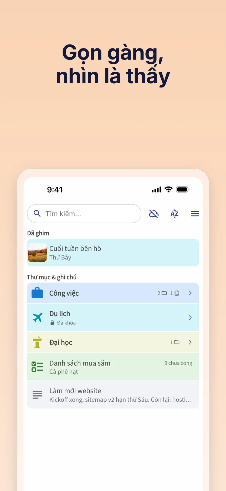 Màn hình chính của Folino với một ghi chú đã ghim, các thư mục, một danh sách kiểm tra và các ghi chú