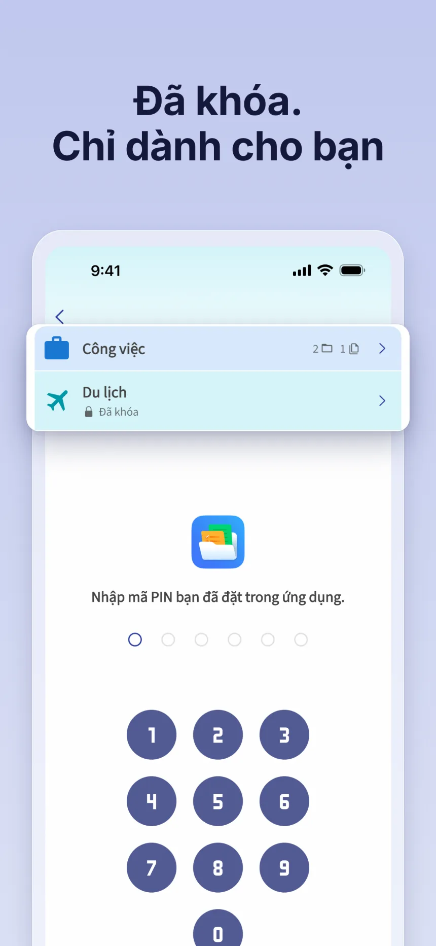 Thư mục bị khóa trong Folino: mở khóa bằng mã PIN đã đặt trong ứng dụng